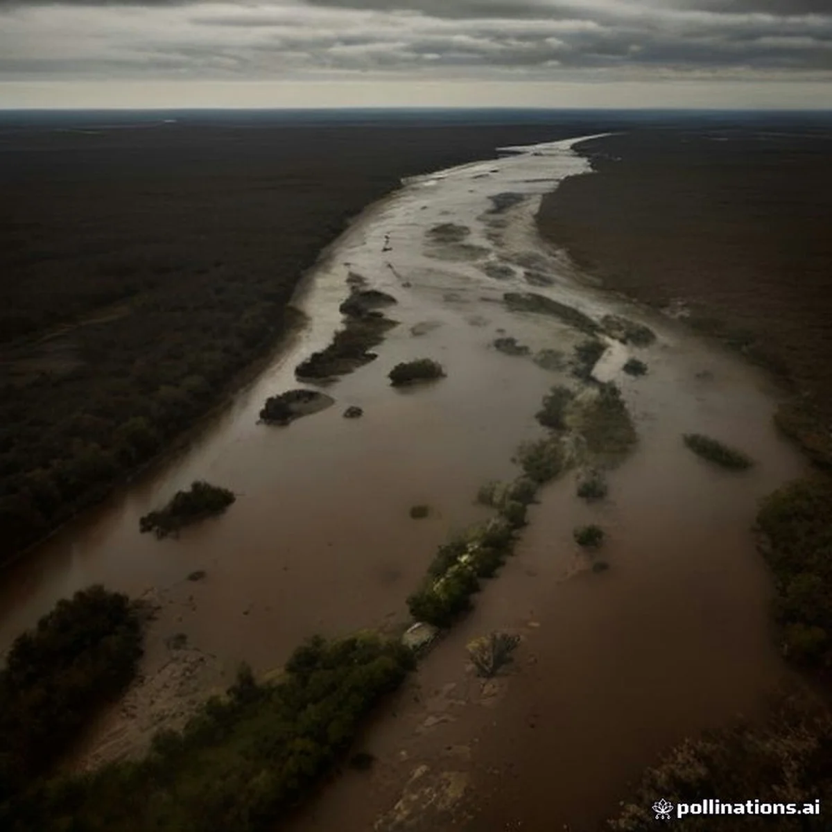 Vista aérea de llanuras y caminos rurales inundados en el Litoral argentino